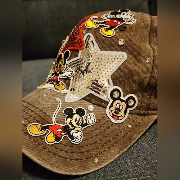 Brown Cap with Red + Silver Stars Mickey Mouse Hat, OOAK Upcycled - Picture 7 of 7
